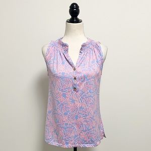 La Mer Luxe Pink White Periwinkle Coral Sleeveless V Neck Buttons Top Small